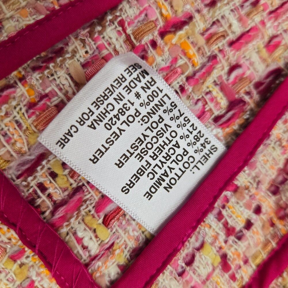 Etcetera Fringe Tweed Jacket Size 2 Zip Front Barbie Pink Tones Office old money - Picture 11 of 12